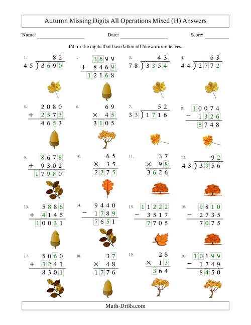 The Autumn Missing Digits All Operations Mixed (Harder Version) (H) Math Worksheet Page 2