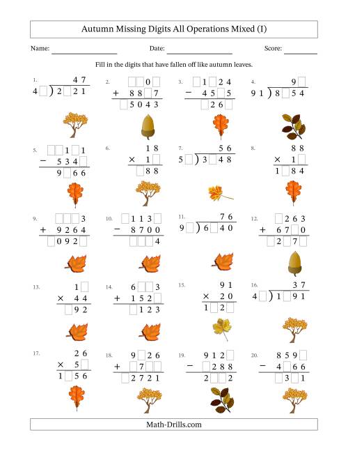 The Autumn Missing Digits All Operations Mixed (Harder Version) (I) Math Worksheet