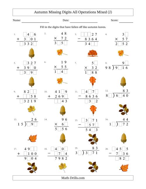 The Autumn Missing Digits All Operations Mixed (Harder Version) (J) Math Worksheet