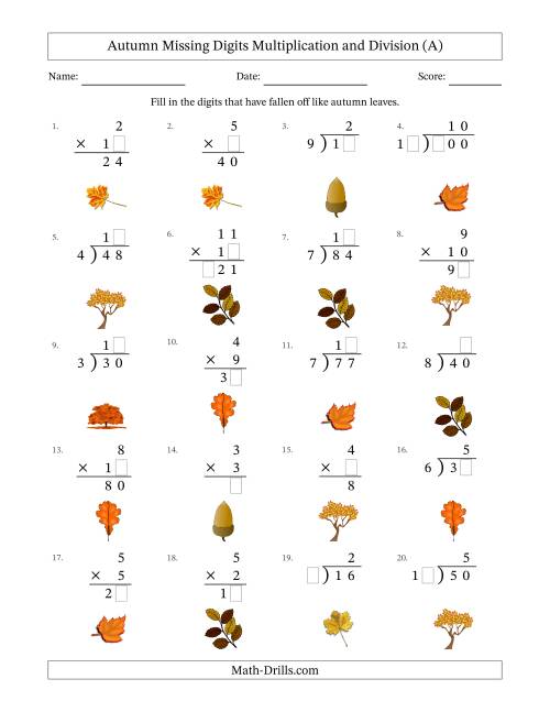The Autumn Missing Digits Multiplication and Division (Easier Version) (A) Math Worksheet