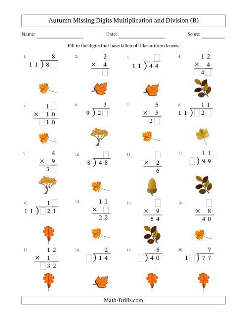 The Autumn Missing Digits Multiplication and Division (Easier Version) (B) Math Worksheet