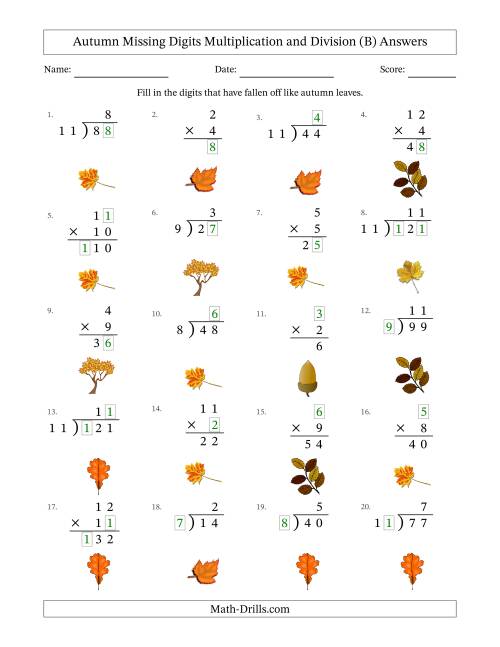 The Autumn Missing Digits Multiplication and Division (Easier Version) (B) Math Worksheet Page 2