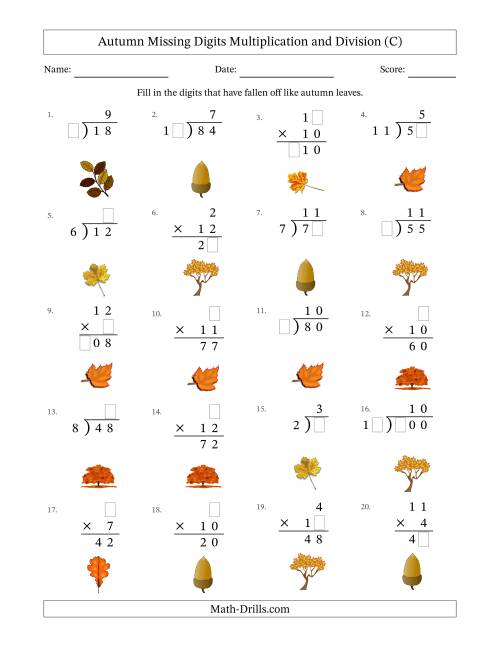The Autumn Missing Digits Multiplication and Division (Easier Version) (C) Math Worksheet