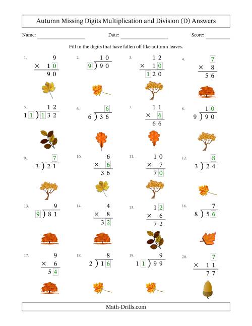 The Autumn Missing Digits Multiplication and Division (Easier Version) (D) Math Worksheet Page 2