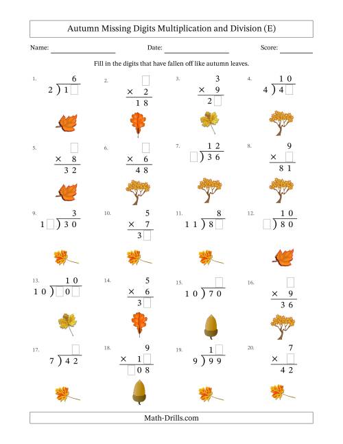 The Autumn Missing Digits Multiplication and Division (Easier Version) (E) Math Worksheet