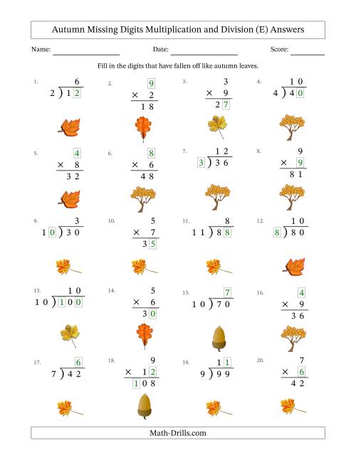 The Autumn Missing Digits Multiplication and Division (Easier Version) (E) Math Worksheet Page 2