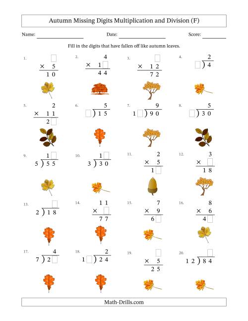 The Autumn Missing Digits Multiplication and Division (Easier Version) (F) Math Worksheet