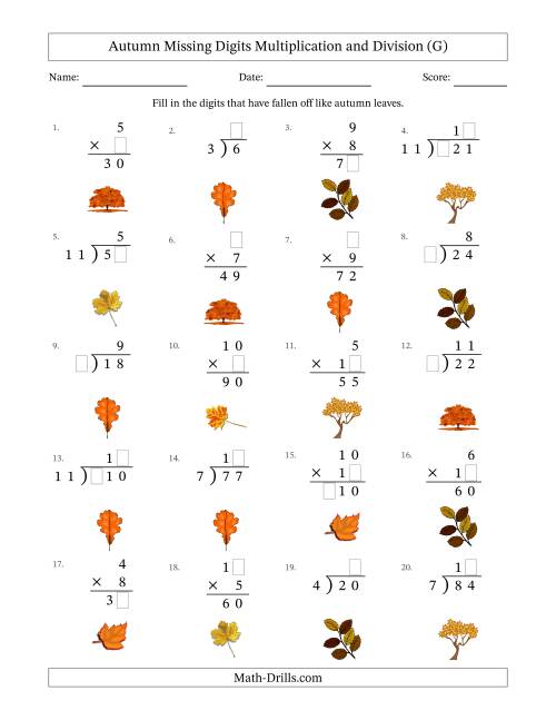 The Autumn Missing Digits Multiplication and Division (Easier Version) (G) Math Worksheet