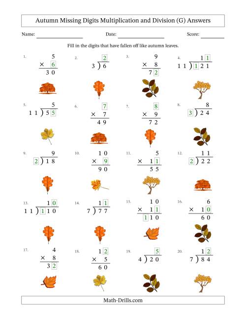The Autumn Missing Digits Multiplication and Division (Easier Version) (G) Math Worksheet Page 2
