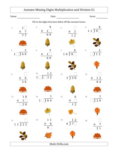 The Autumn Missing Digits Multiplication and Division (Easier Version) (I) Math Worksheet