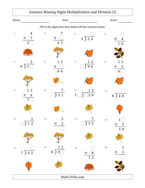 The Autumn Missing Digits Multiplication and Division (Easier Version) (J) Math Worksheet