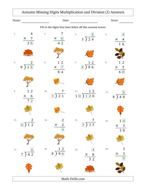 The Autumn Missing Digits Multiplication and Division (Easier Version) (J) Math Worksheet Page 2