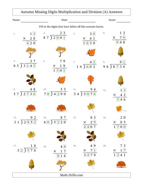 The Autumn Missing Digits Multiplication and Division (Harder Version) (A) Math Worksheet Page 2