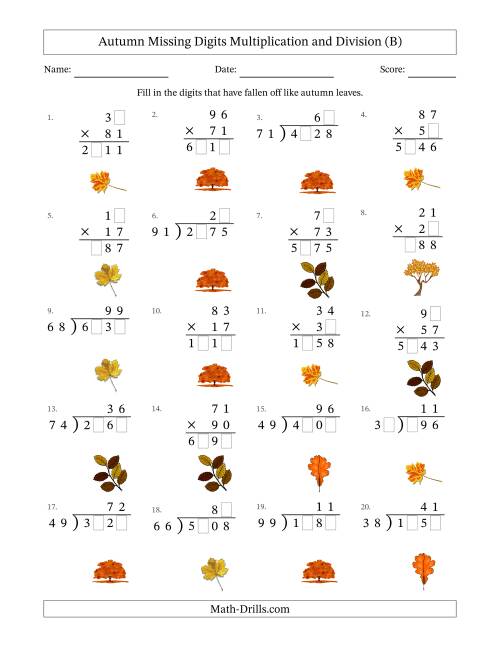 The Autumn Missing Digits Multiplication and Division (Harder Version) (B) Math Worksheet