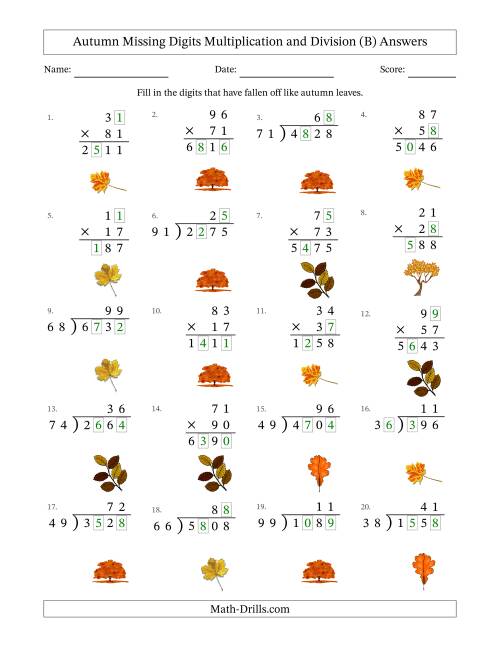 The Autumn Missing Digits Multiplication and Division (Harder Version) (B) Math Worksheet Page 2
