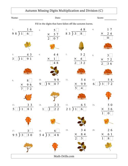 The Autumn Missing Digits Multiplication and Division (Harder Version) (C) Math Worksheet
