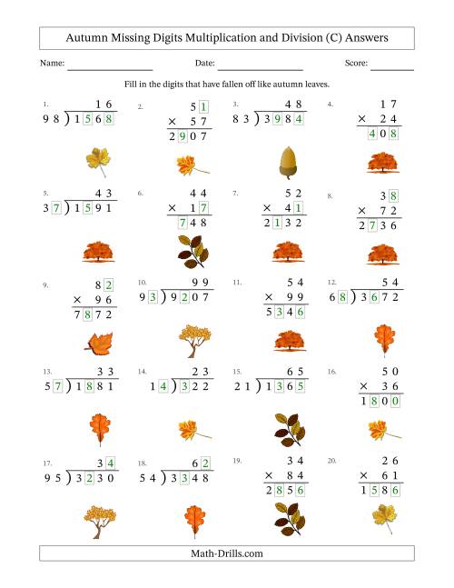 The Autumn Missing Digits Multiplication and Division (Harder Version) (C) Math Worksheet Page 2