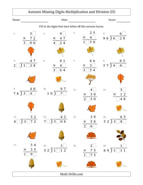 The Autumn Missing Digits Multiplication and Division (Harder Version) (D) Math Worksheet