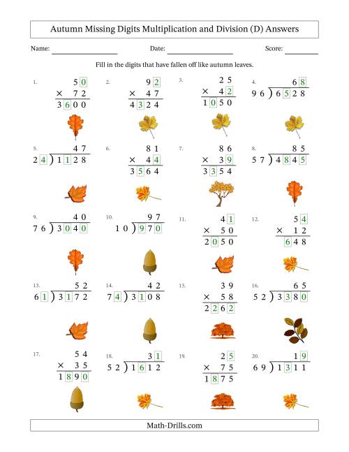 The Autumn Missing Digits Multiplication and Division (Harder Version) (D) Math Worksheet Page 2