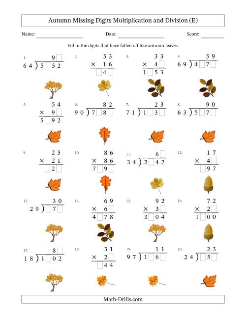 The Autumn Missing Digits Multiplication and Division (Harder Version) (E) Math Worksheet