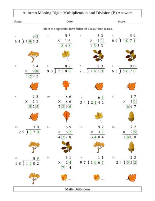 The Autumn Missing Digits Multiplication and Division (Harder Version) (E) Math Worksheet Page 2