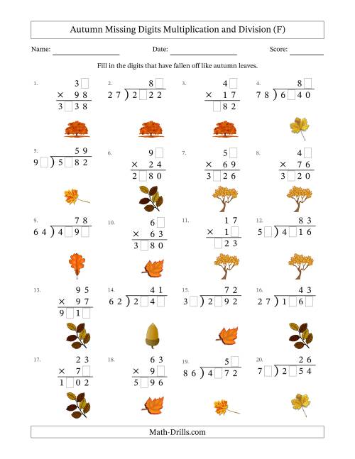 The Autumn Missing Digits Multiplication and Division (Harder Version) (F) Math Worksheet