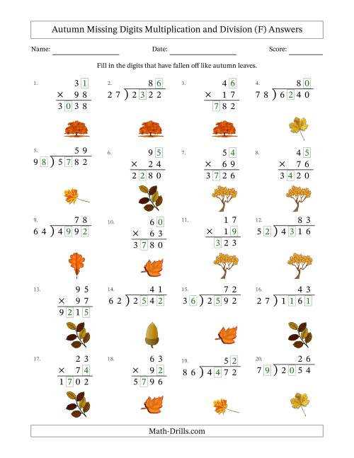 The Autumn Missing Digits Multiplication and Division (Harder Version) (F) Math Worksheet Page 2