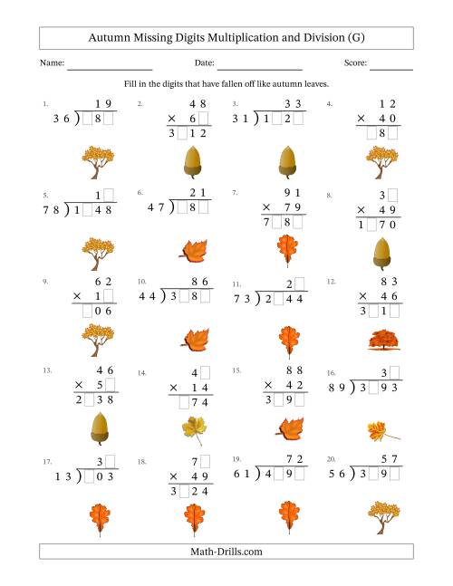 The Autumn Missing Digits Multiplication and Division (Harder Version) (G) Math Worksheet