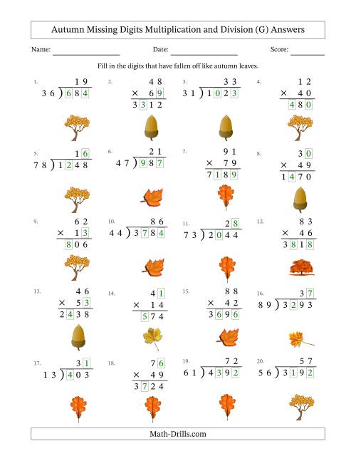 The Autumn Missing Digits Multiplication and Division (Harder Version) (G) Math Worksheet Page 2