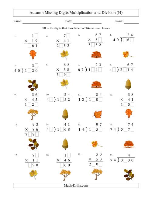 The Autumn Missing Digits Multiplication and Division (Harder Version) (H) Math Worksheet