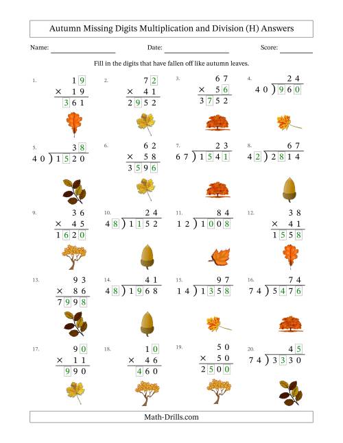 The Autumn Missing Digits Multiplication and Division (Harder Version) (H) Math Worksheet Page 2