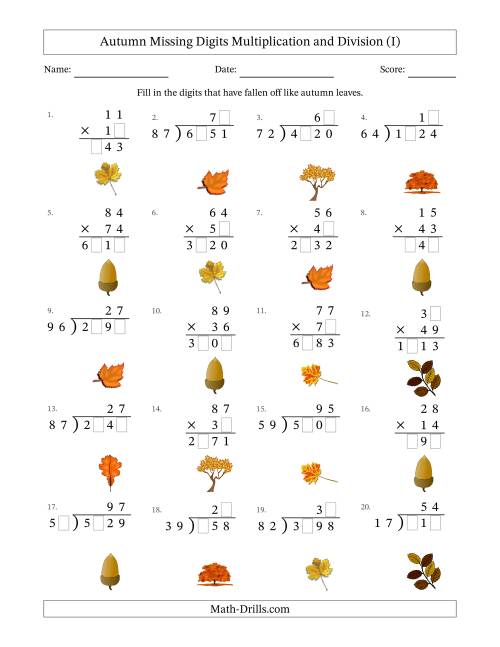 The Autumn Missing Digits Multiplication and Division (Harder Version) (I) Math Worksheet