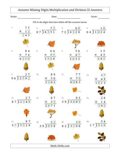 The Autumn Missing Digits Multiplication and Division (Harder Version) (I) Math Worksheet Page 2