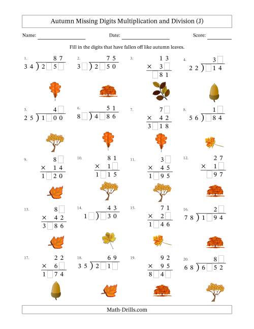 The Autumn Missing Digits Multiplication and Division (Harder Version) (J) Math Worksheet