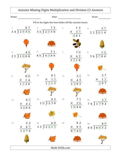 The Autumn Missing Digits Multiplication and Division (Harder Version) (J) Math Worksheet Page 2
