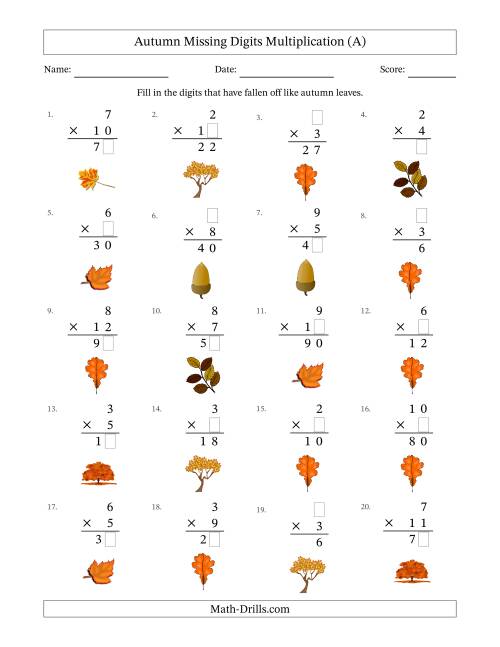 The Autumn Missing Digits Multiplication (Easier Version) (A) Math Worksheet