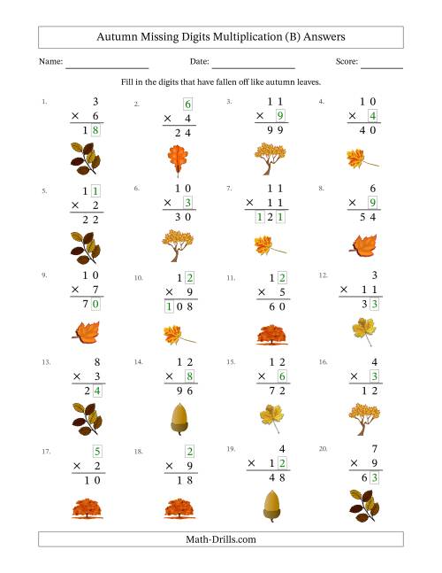 The Autumn Missing Digits Multiplication (Easier Version) (B) Math Worksheet Page 2