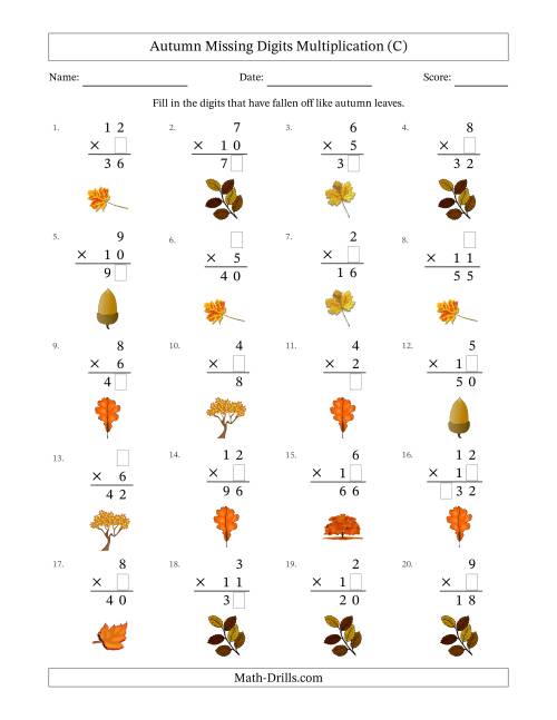 The Autumn Missing Digits Multiplication (Easier Version) (C) Math Worksheet