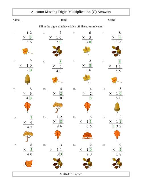 The Autumn Missing Digits Multiplication (Easier Version) (C) Math Worksheet Page 2