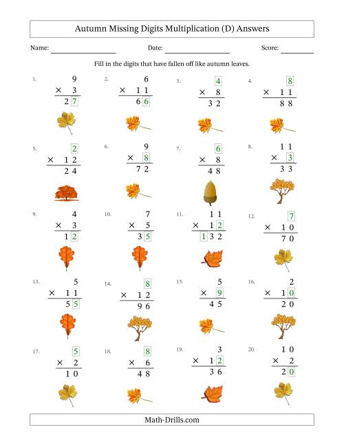 The Autumn Missing Digits Multiplication (Easier Version) (D) Math Worksheet Page 2