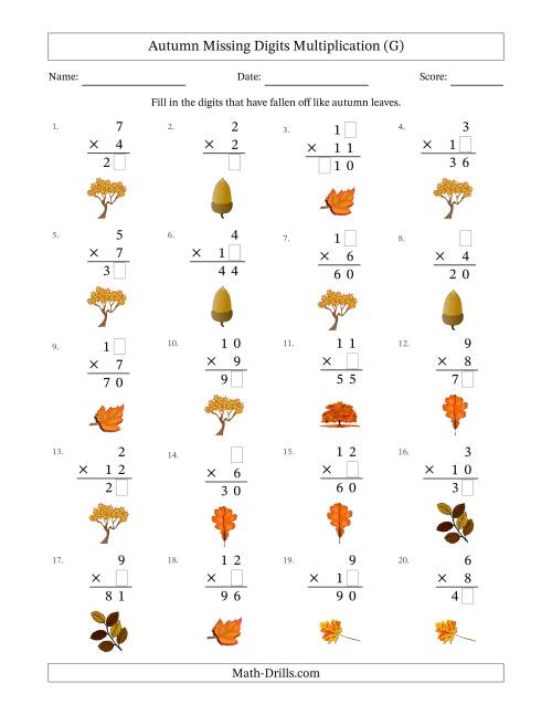The Autumn Missing Digits Multiplication (Easier Version) (G) Math Worksheet