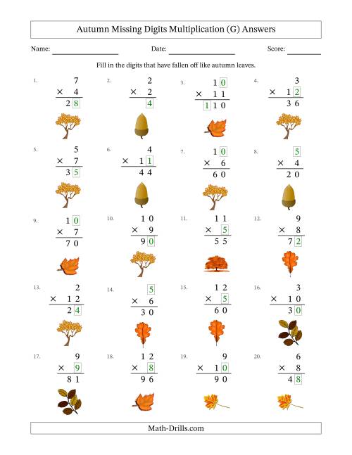 The Autumn Missing Digits Multiplication (Easier Version) (G) Math Worksheet Page 2