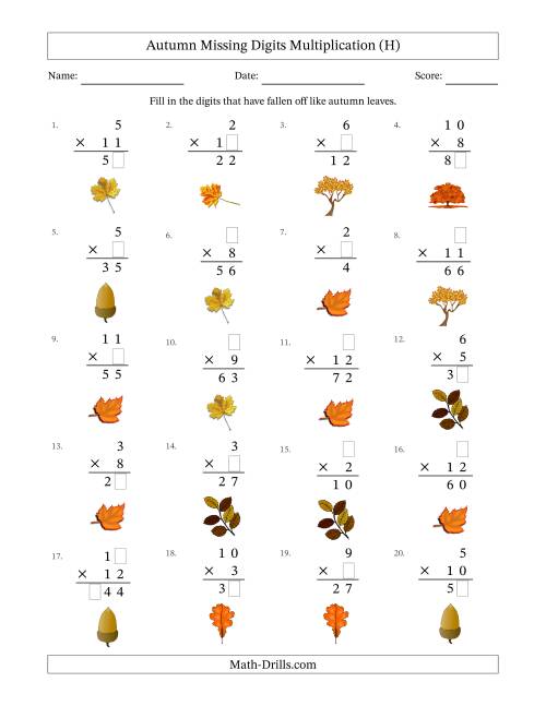 The Autumn Missing Digits Multiplication (Easier Version) (H) Math Worksheet
