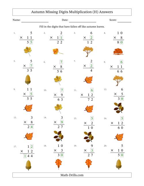The Autumn Missing Digits Multiplication (Easier Version) (H) Math Worksheet Page 2
