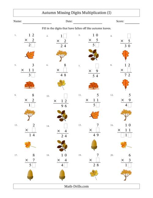 The Autumn Missing Digits Multiplication (Easier Version) (I) Math Worksheet