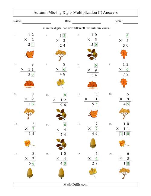 The Autumn Missing Digits Multiplication (Easier Version) (I) Math Worksheet Page 2