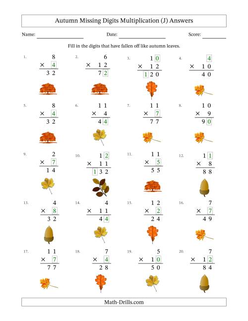 The Autumn Missing Digits Multiplication (Easier Version) (J) Math Worksheet Page 2