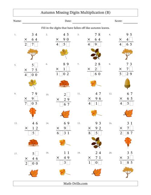 The Autumn Missing Digits Multiplication (Harder Version) (B) Math Worksheet