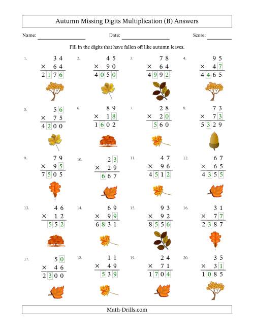 The Autumn Missing Digits Multiplication (Harder Version) (B) Math Worksheet Page 2