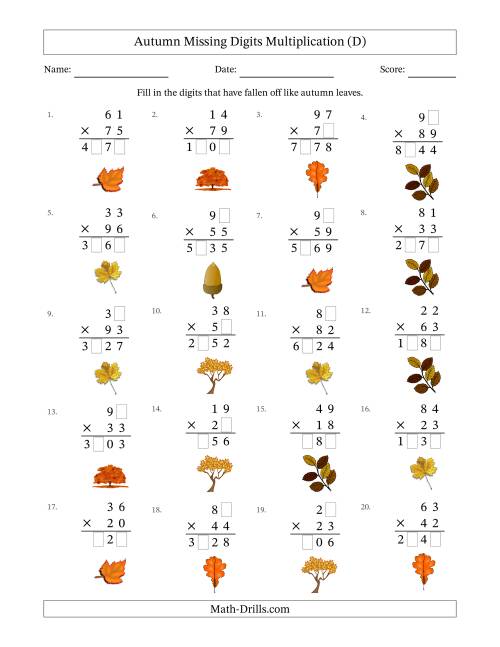 The Autumn Missing Digits Multiplication (Harder Version) (D) Math Worksheet